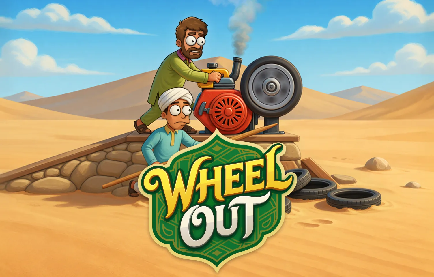 Wheel Out key art: two cartoon mechanics, a launch engine and the Wheel Out badge