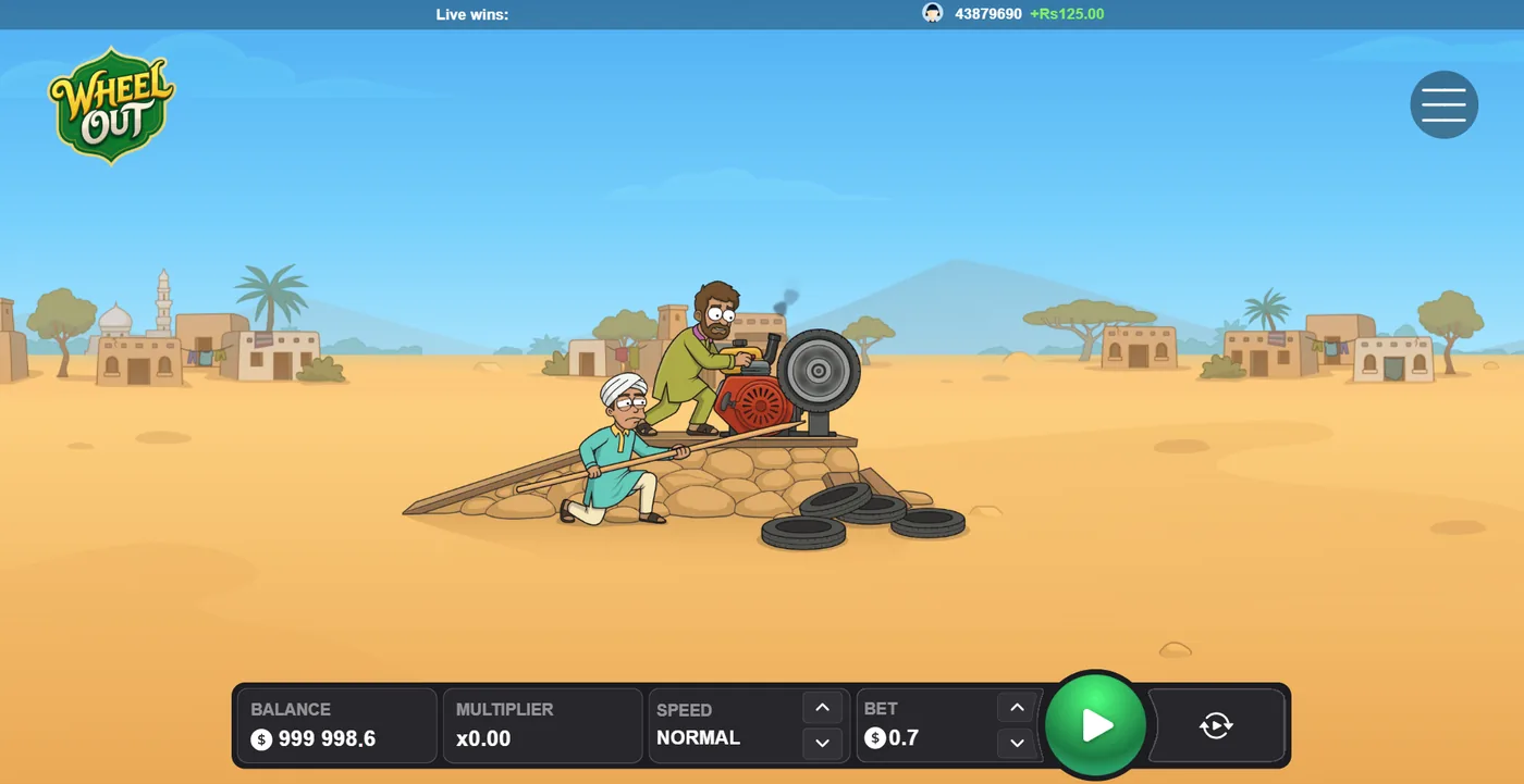 Wheel Out launch: two mechanics and a tire on a desert ramp, play bar ready